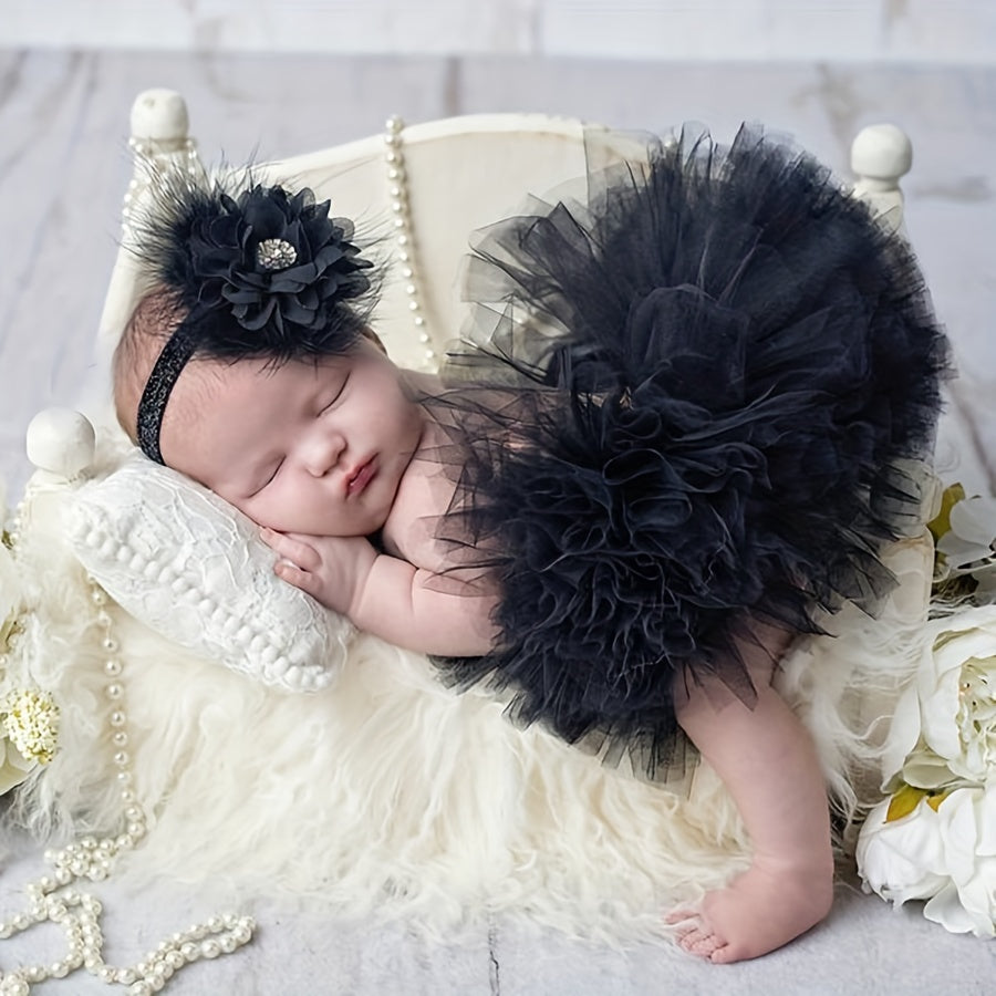2pcs Newborn Baby Flower Headband and Skirt Set Red