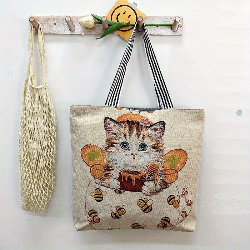 Cartoon Print Retro Tote Bag Large Shoulder Bag Women's Casual Handbag