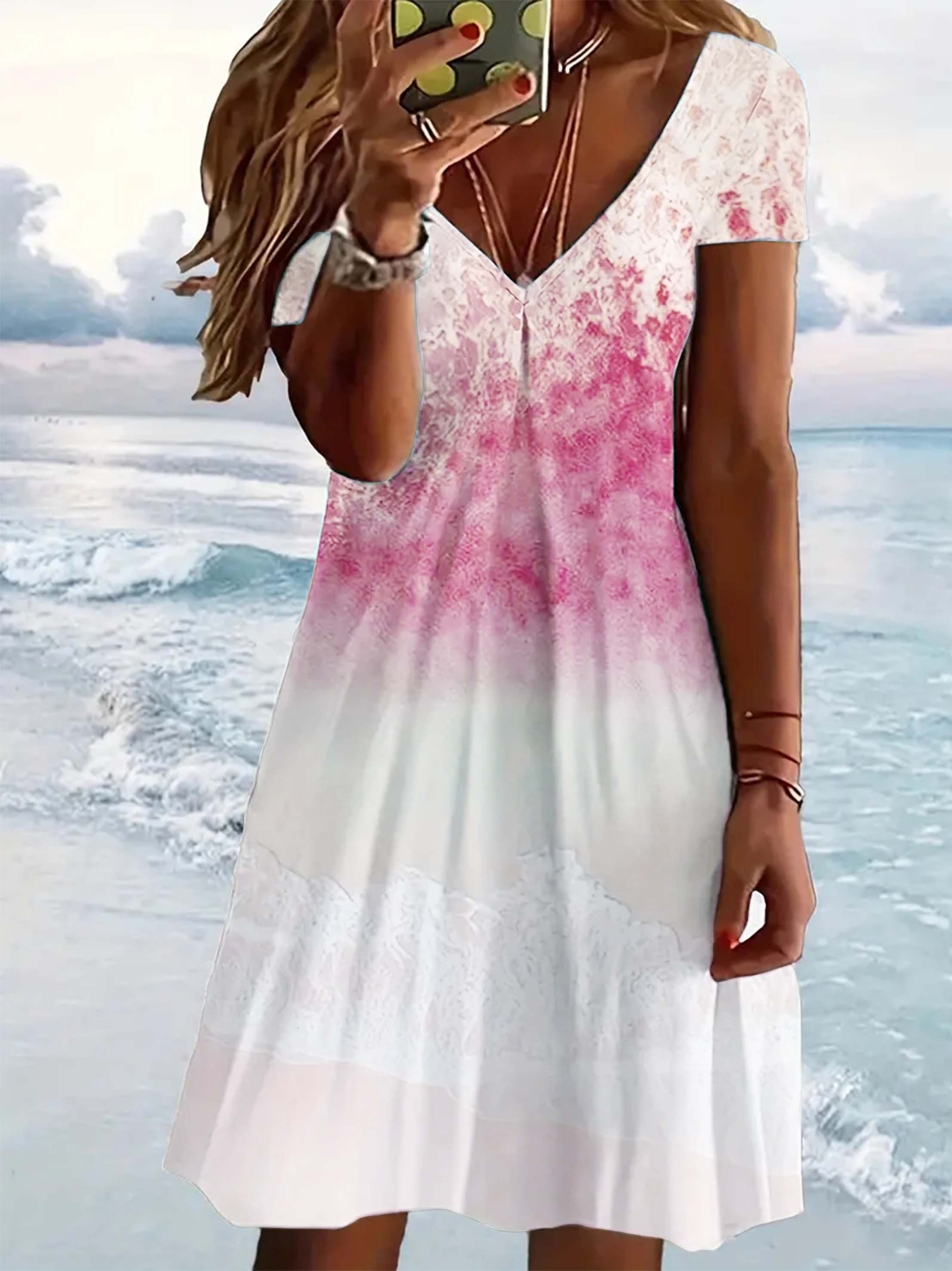  Sea Print Short Sleeve V Neck Dress