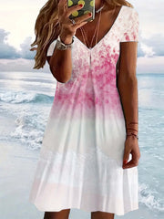  Sea Print Short Sleeve V Neck Dress