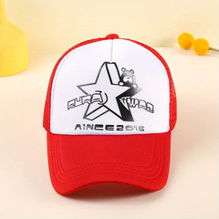 Cartoon Bear Print Trucker Hat Anime Mesh Baseball Cap Red