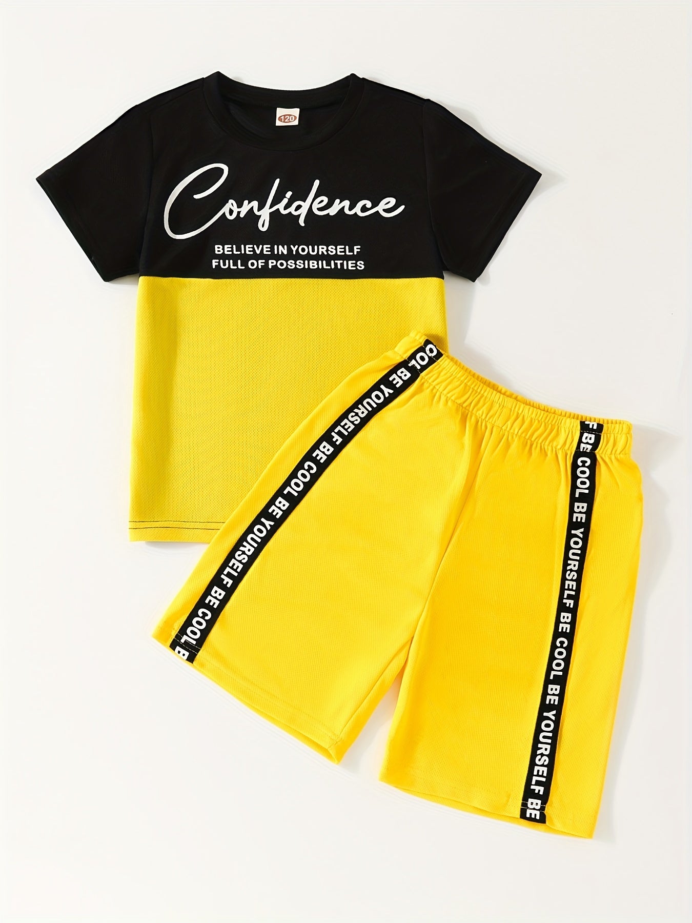 Boys' T Shirt and Shorts Set, Elastic Waistband, Contrast Letter Print