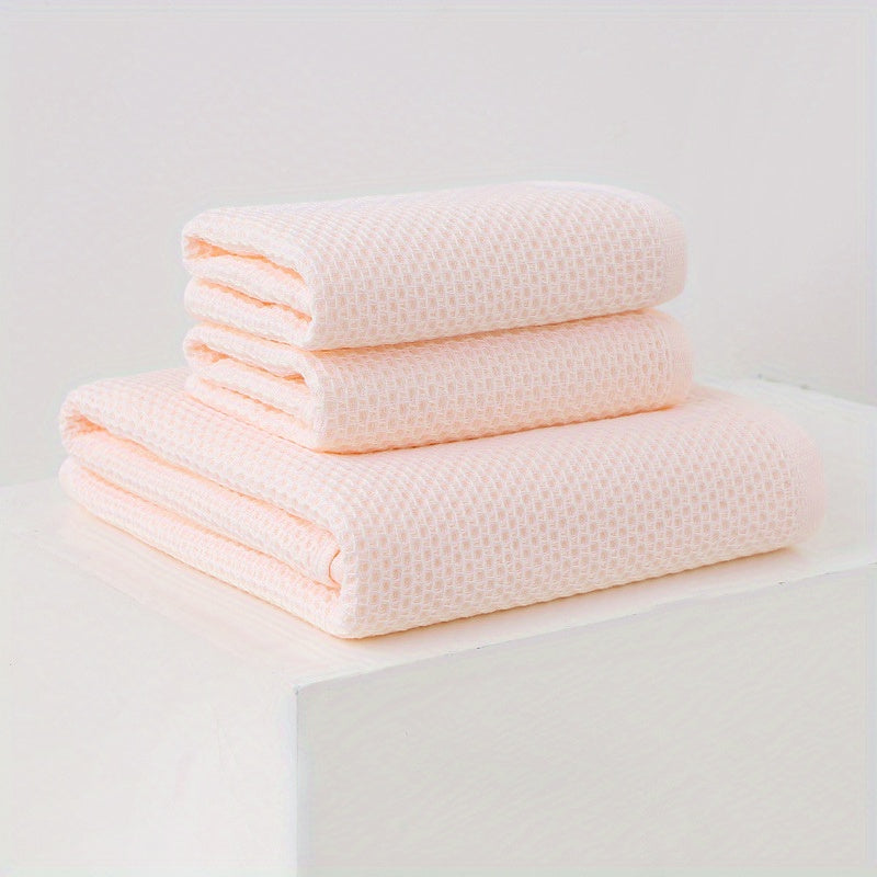 3pc Waffle Soft Towel Set: 1 Bath, 2 Hand Towels, Honeycomb Design