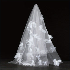 Short Wedding Veil with 3D Butterfly & Floral Tulle Sheer Layered Edge