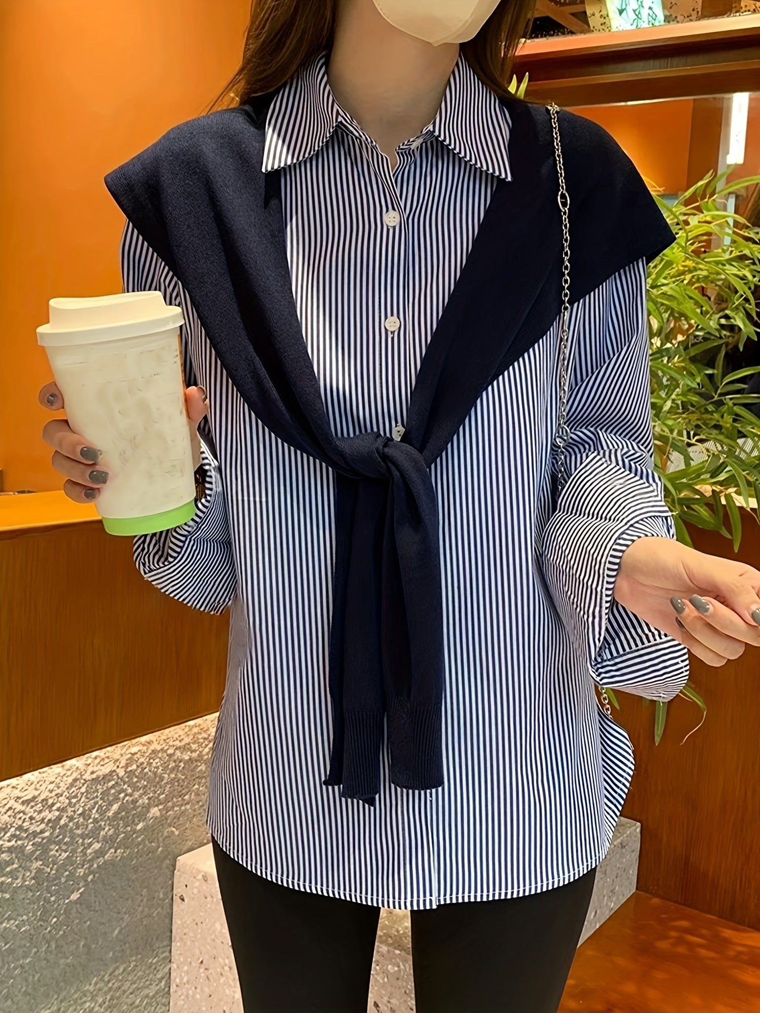 Striped Print Button Front Shirt for Women