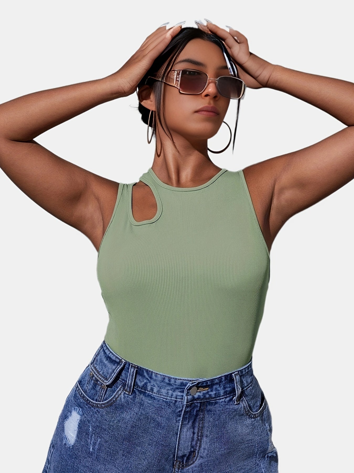  Solid Cut Out Mock Neck Tank Top