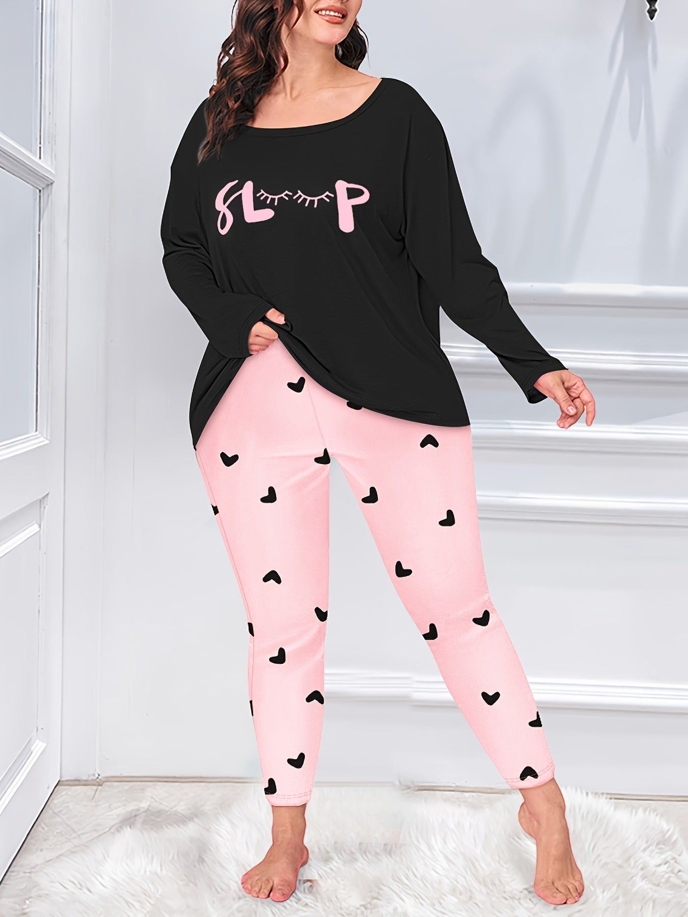  Eyelash & Heart Print Tee & Leggings Pajama Set