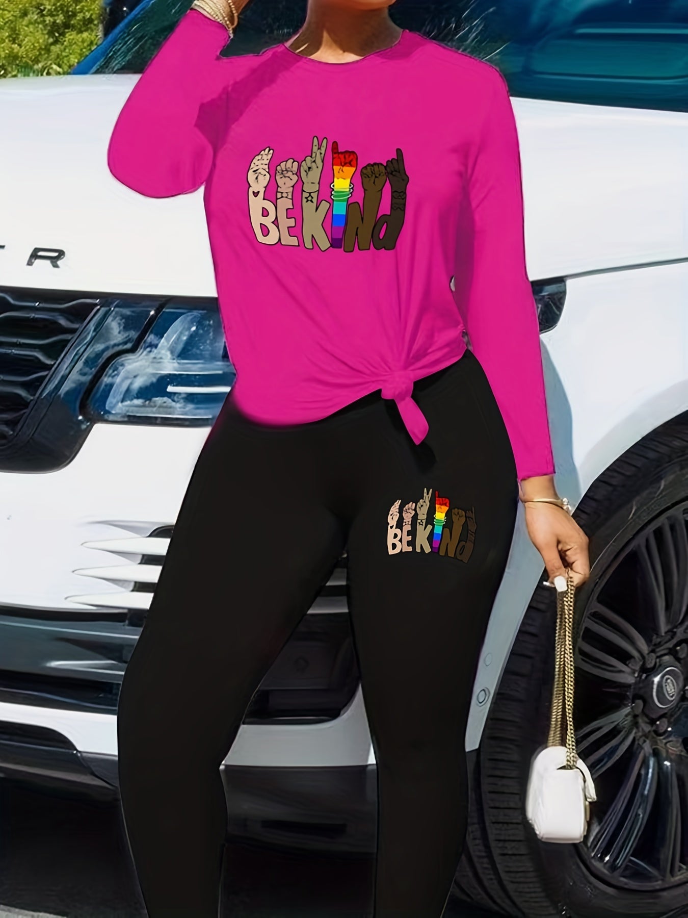  Casual Outfits Set Women's Plus Gesture & Art Letter Print Top & Leggi