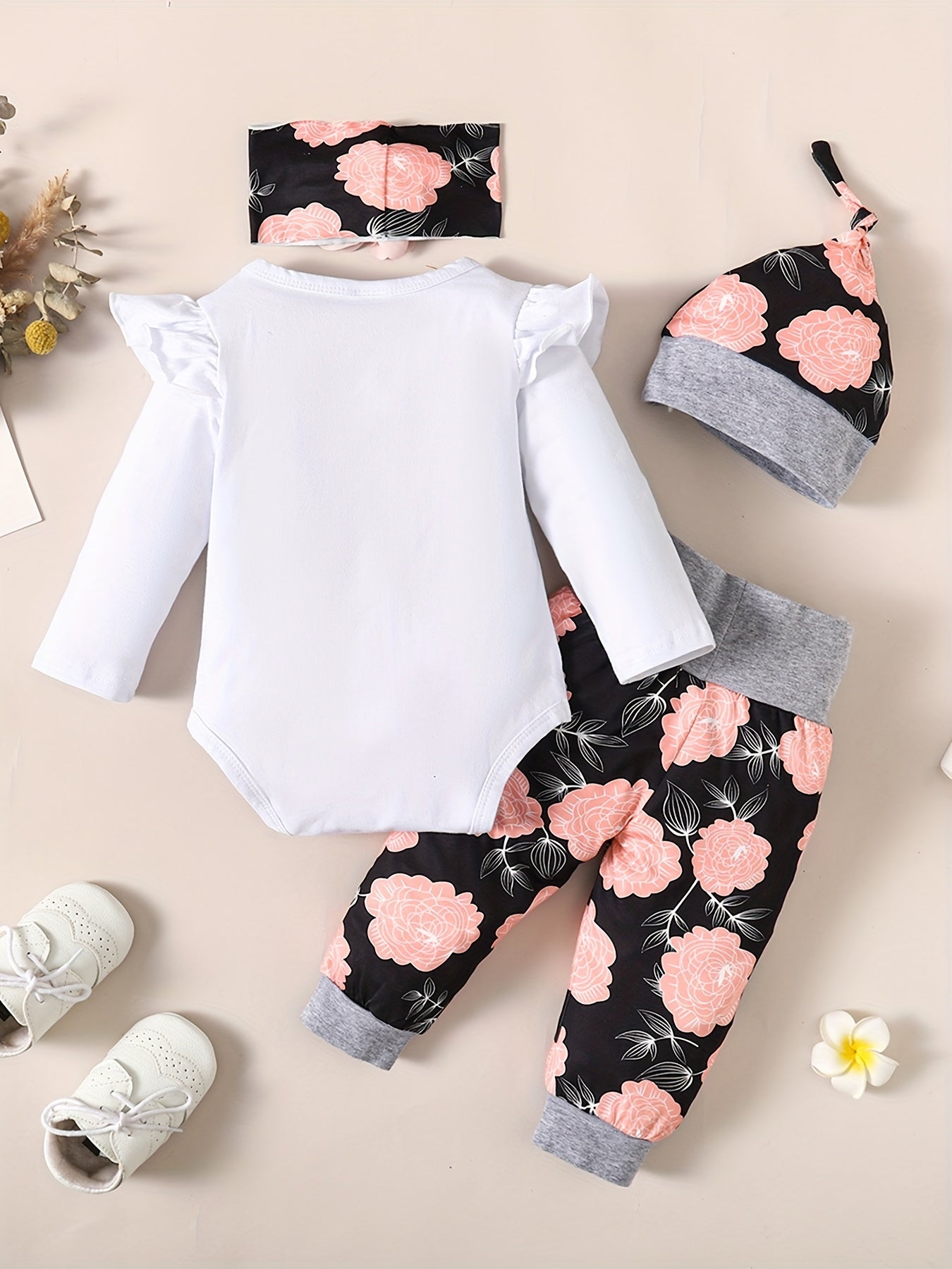 Baby Comfy Romper Floral Pants Headband Set