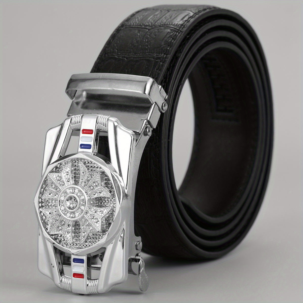 Men's PU Leather Automatic Buckle Belt with Flower Decor