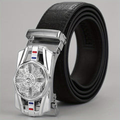 Men's PU Leather Automatic Buckle Belt with Flower Decor