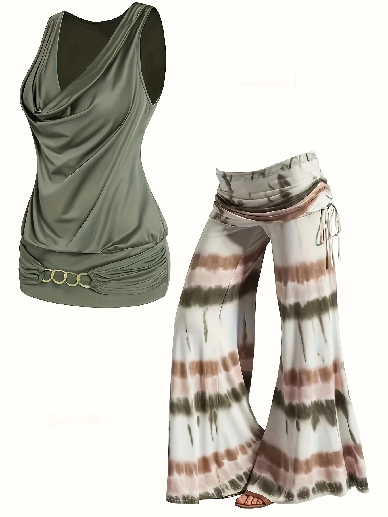  Cowl Neck Tank Top & Tie Dye Wide Leg Pants 2 Piece Set