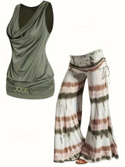  Cowl Neck Tank Top & Tie Dye Wide Leg Pants 2 Piece Set