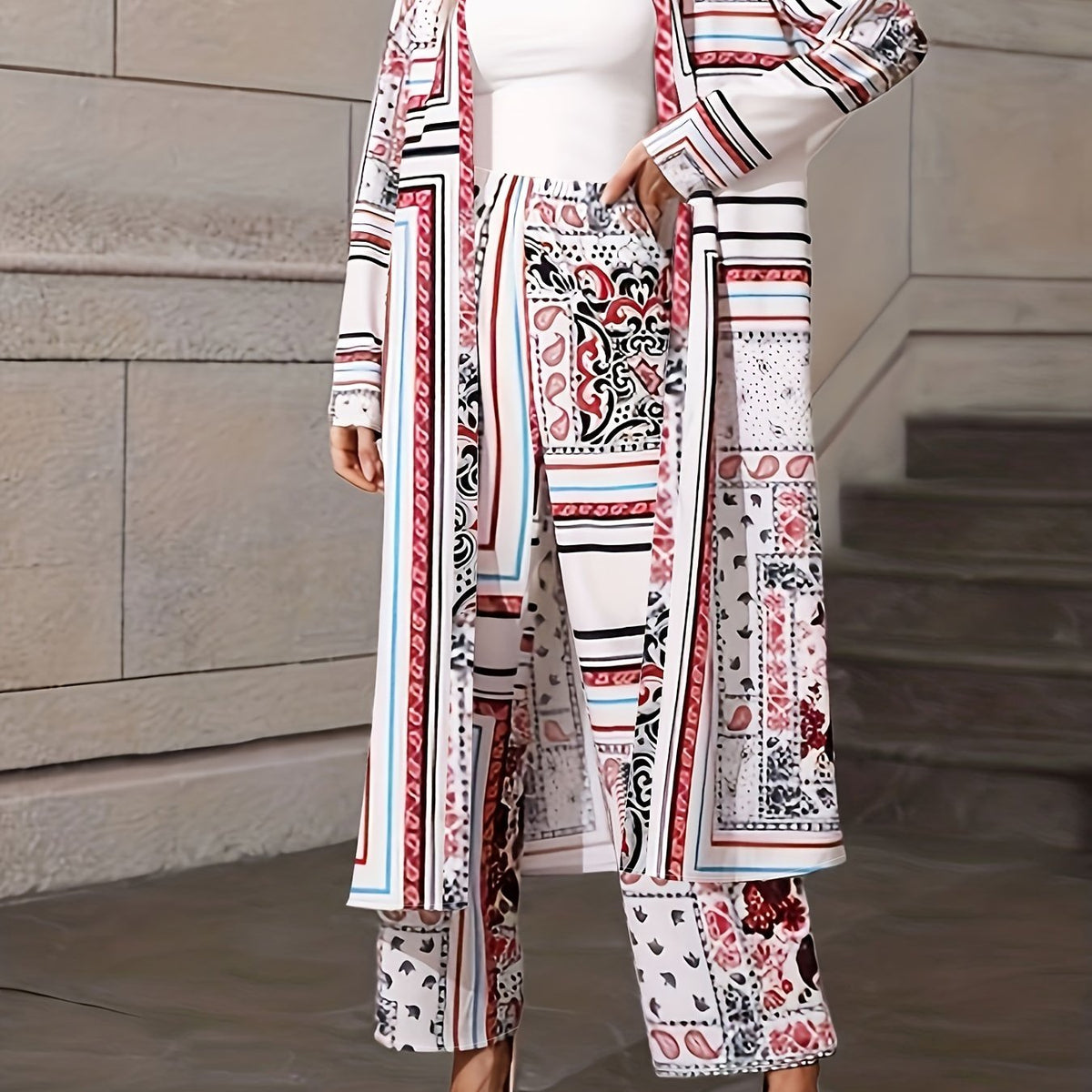 Women's Plus Floral & Scarf Print Cardigan & Pants Set