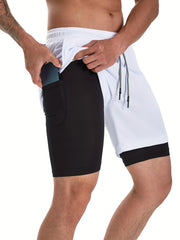 Men's 2-Layer Gym Running Shorts w/ Pockets Quick Dry Stretch Drawstring