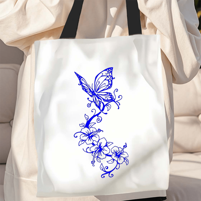 Polyester Butterfly Hibiscus Print Tote Bag Lightweight Reusable Shopping Handba