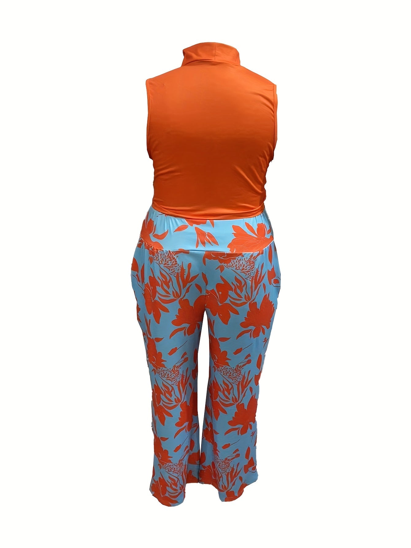  Solid High Neck Tank Top & Floral Print Wide Leg Pants 2 Piece Set