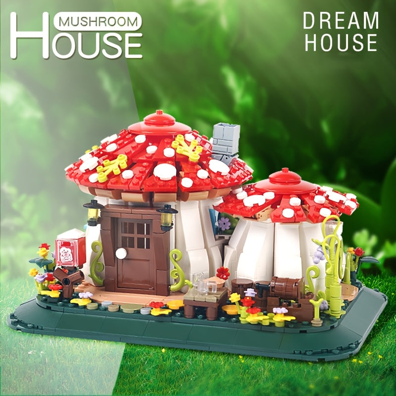 Mushroom House Building Blocks Set with Mushrooms Flowers Pathway