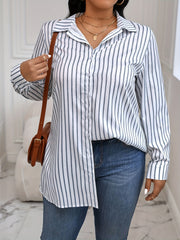 Casual Blouse Women's Plus Stripe Print Long Sleeve Button Up