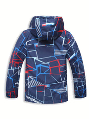 Boys Block Zip Up Fleece Lining Casual Hooded Jacket Raincoat Windbreaker