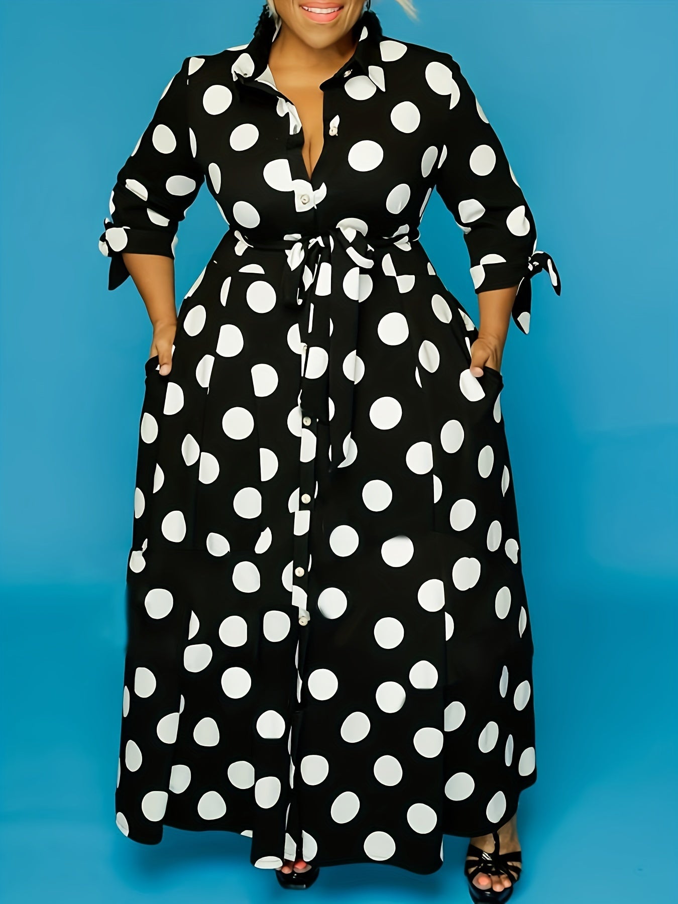 Maxi Dress Women's Plus Polka Dots Print Button Up