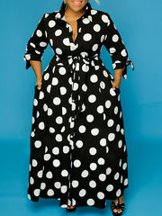 Maxi Dress Women's Plus Polka Dots Print Button Up