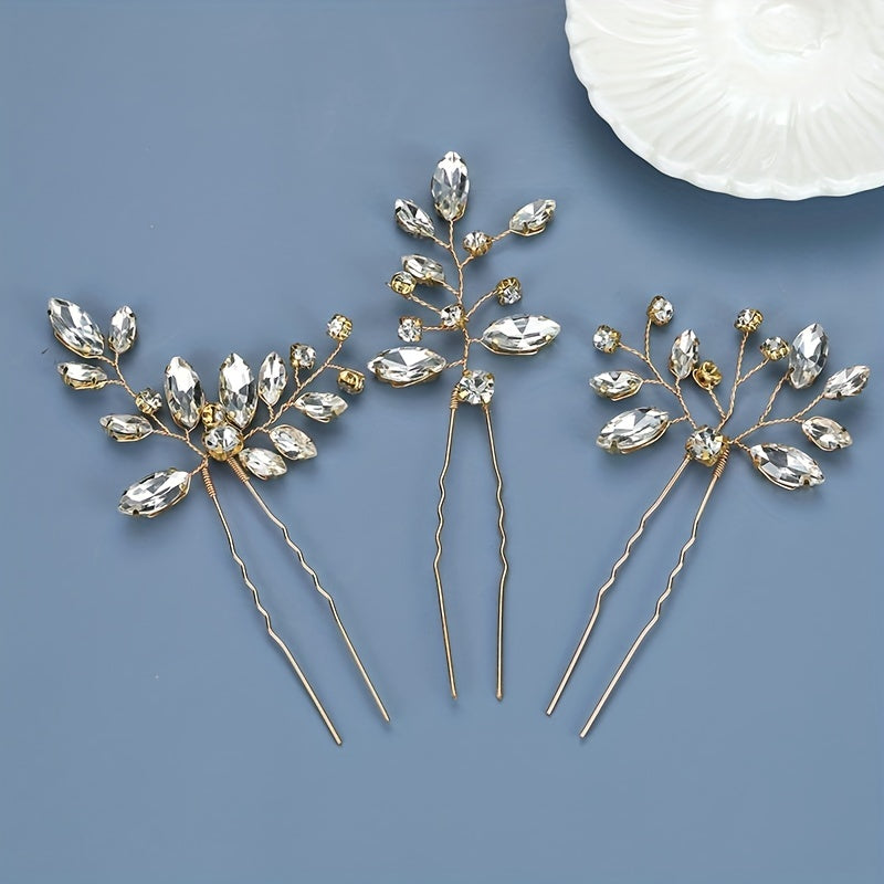 3pcs Crystal Rhinestone Hair Pins Bridal U Shaped Clips Wedding Accessories