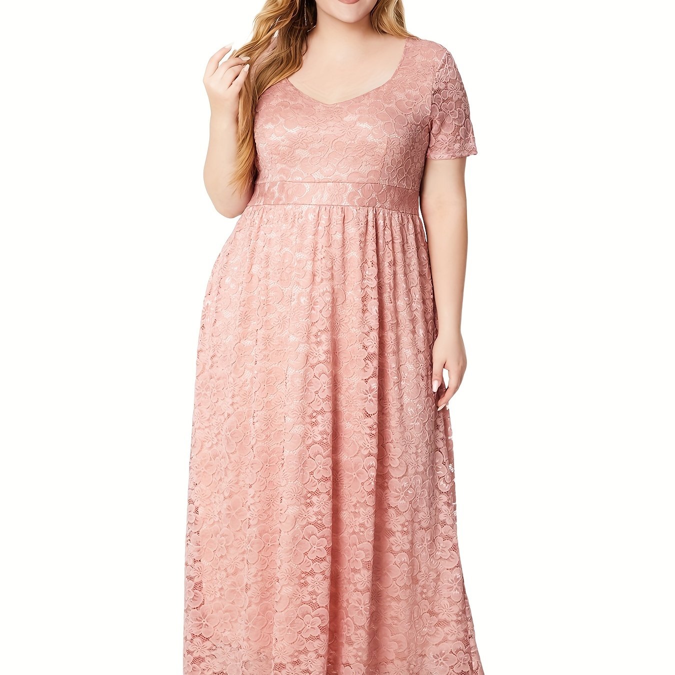  Lace Maxi Dress Scoop Neck Short Sleeve Solid Stretch
