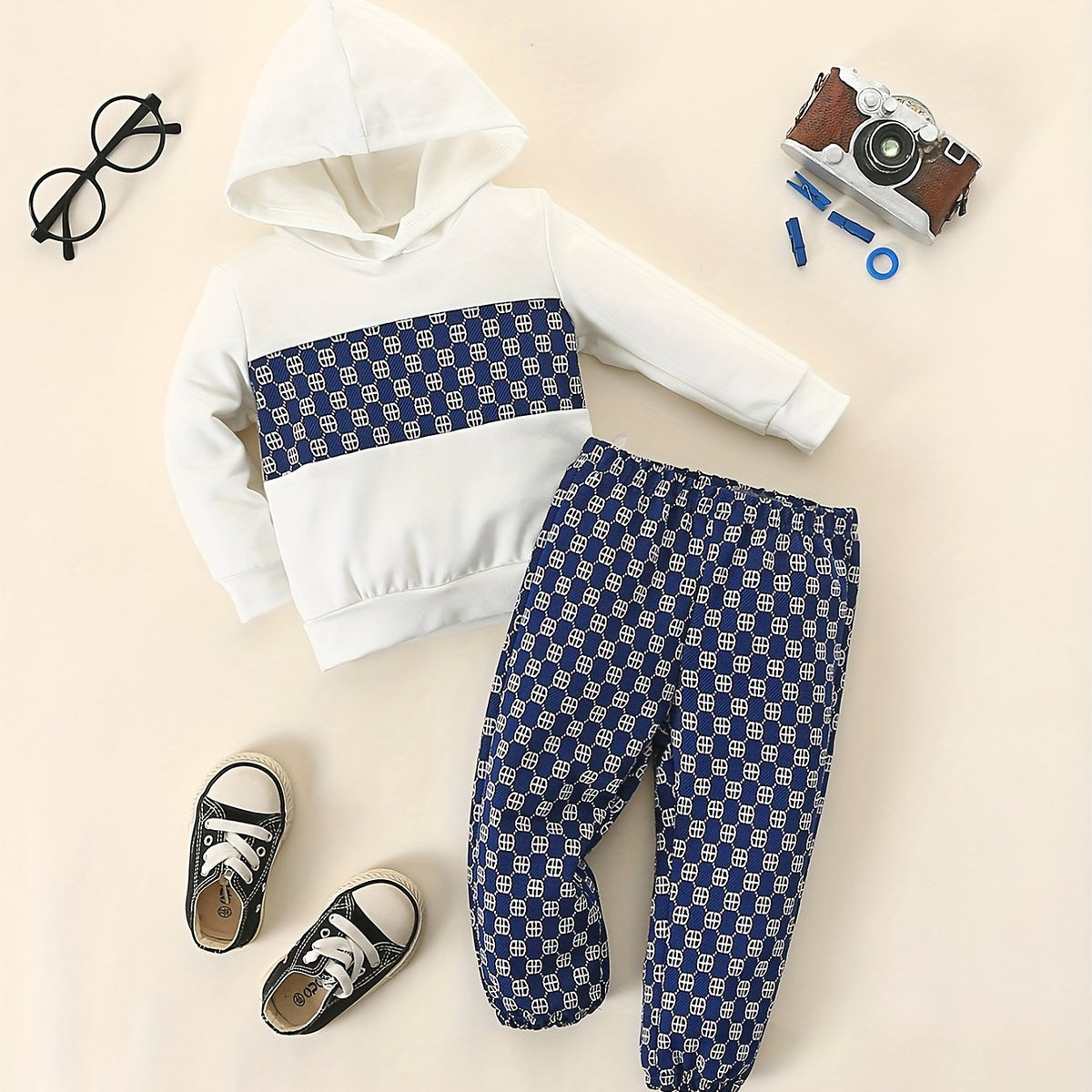 Infant Baby Hooded Top Pants Set Splicing 2pcs