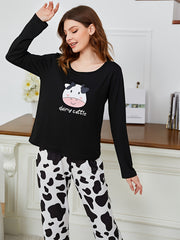 Cow Print Pajama Set Long Sleeve Crew Neck Top & Pants Women's Sleepwear