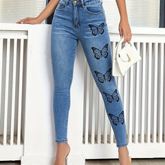 Butterfly Print Skinny Jeans High Rise Denim Pants