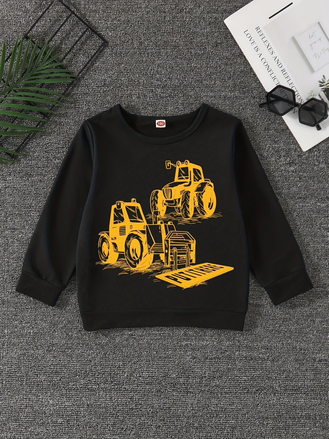 Excavator Print Boys Casual Pullover Sweatshirt Long Sleeve Crew Neck Tops