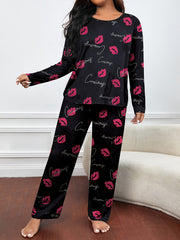  Kiss & Letter Print Pajamas Set Round Neck Long Sleeve