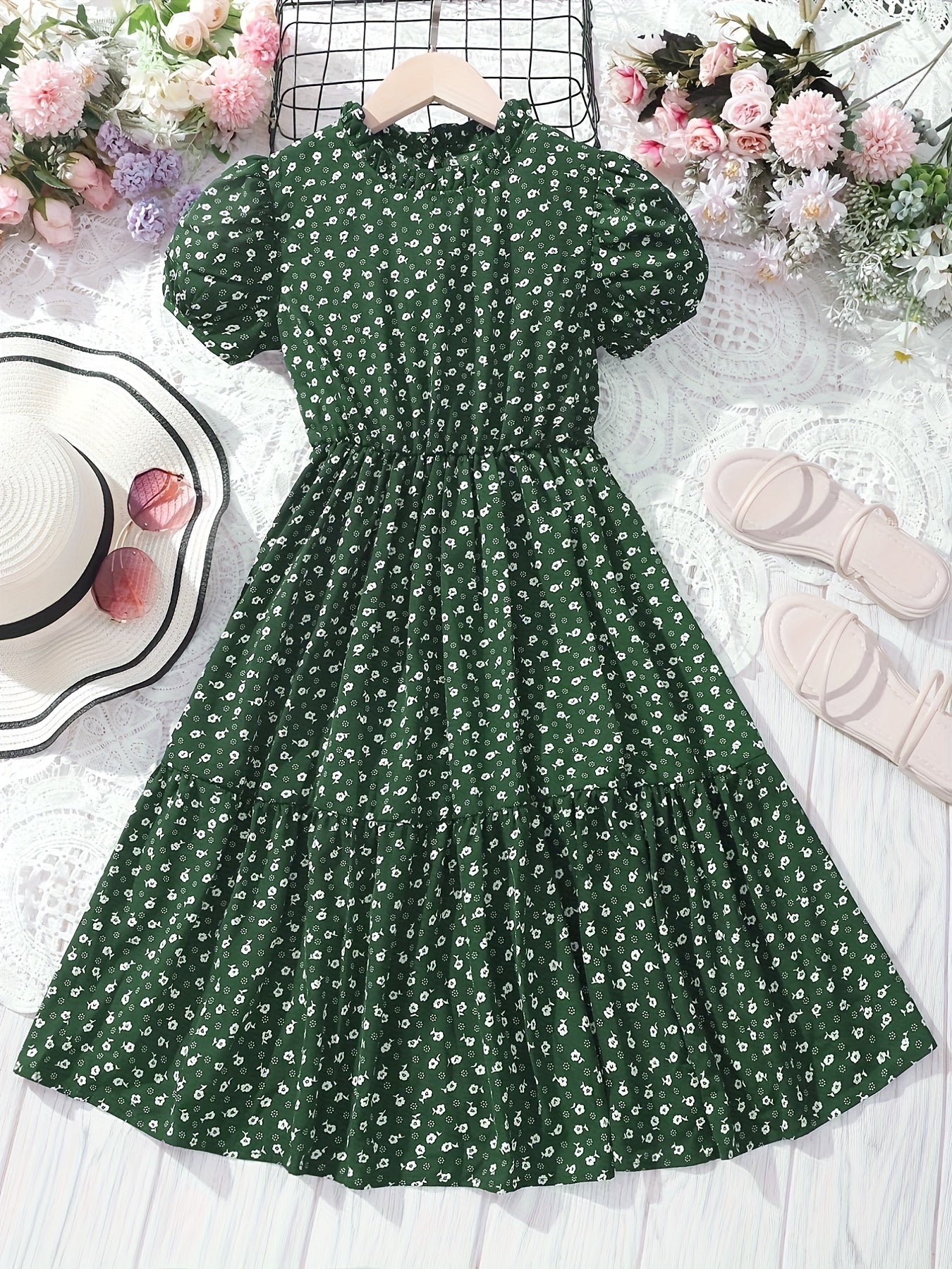 Big Girls Floral Polka Dot Casual Dress Frill Collar Short Sleejson
