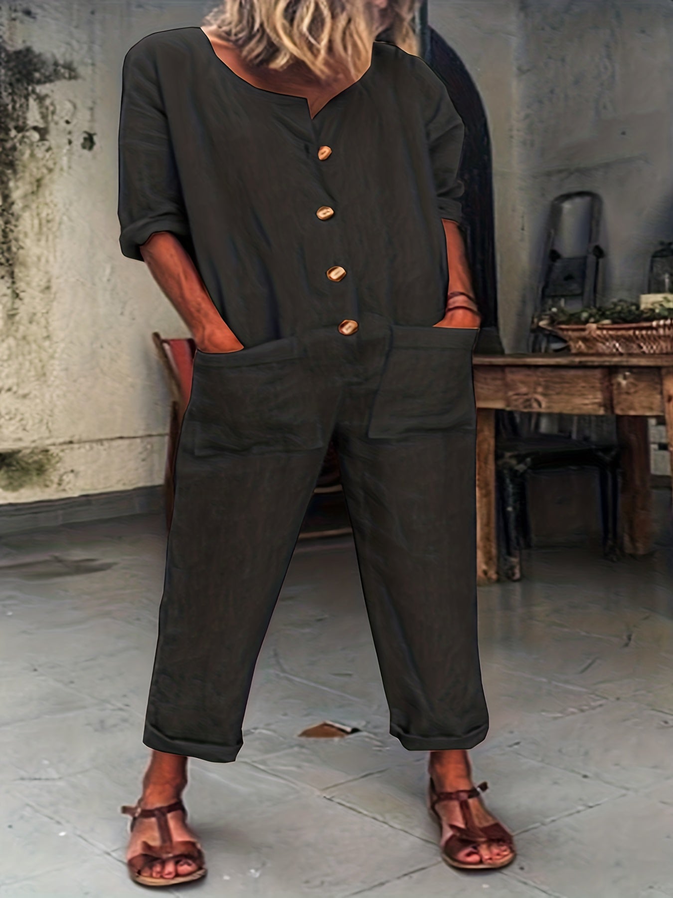  Half Sleeve Round Neck Button Up Jumpsuit