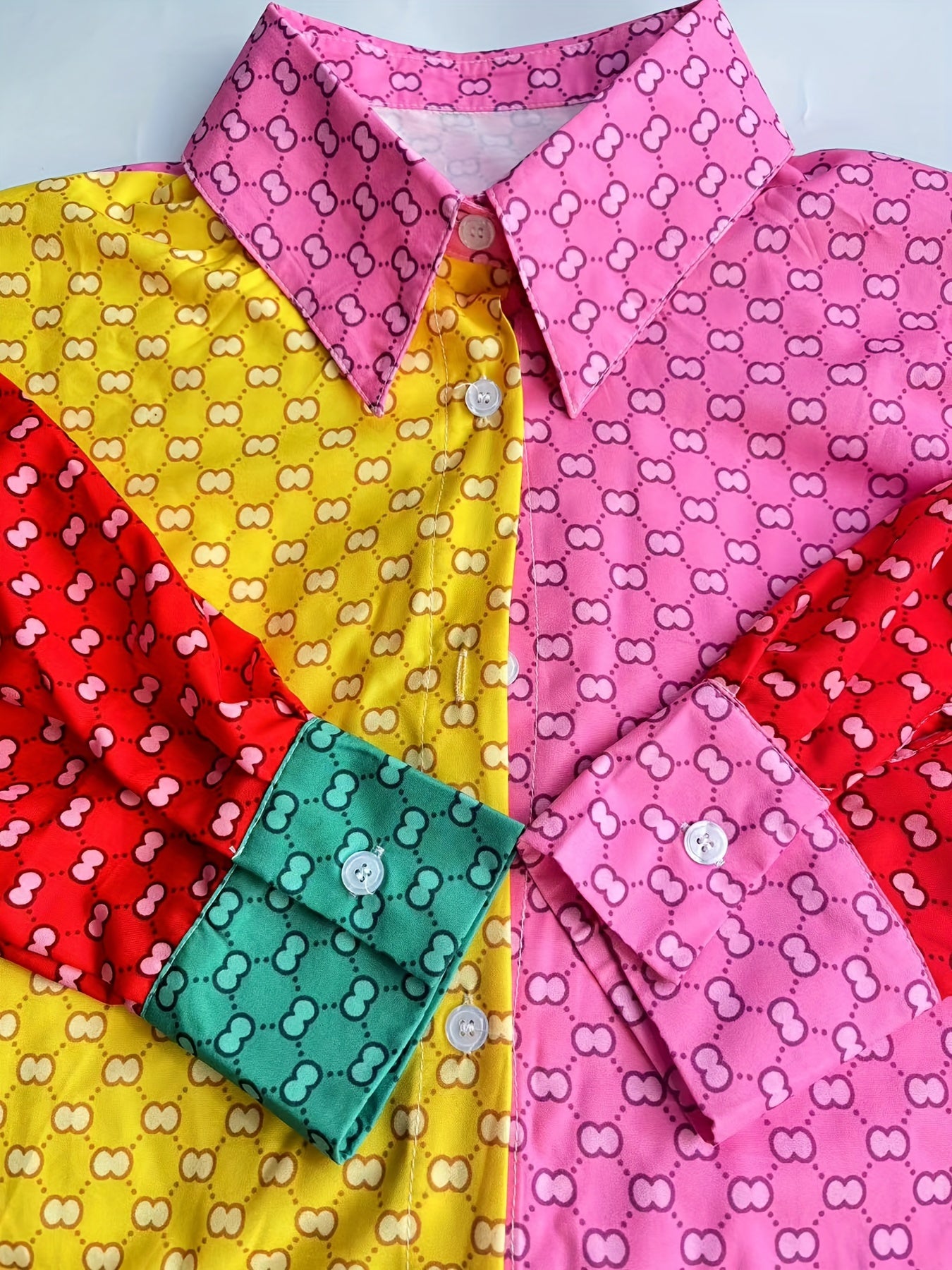  Colorblock Geometric Print Blouse with Button Up Long Sleeve