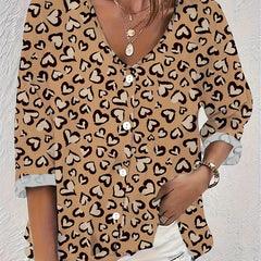  Heart Print Button Up Blouse Long Sleeve V Neck