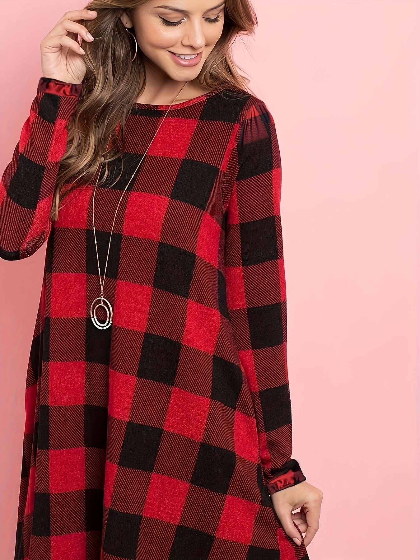 Plus Plaid Print Lantern Sleeve Round Neck Mini Midi Dress