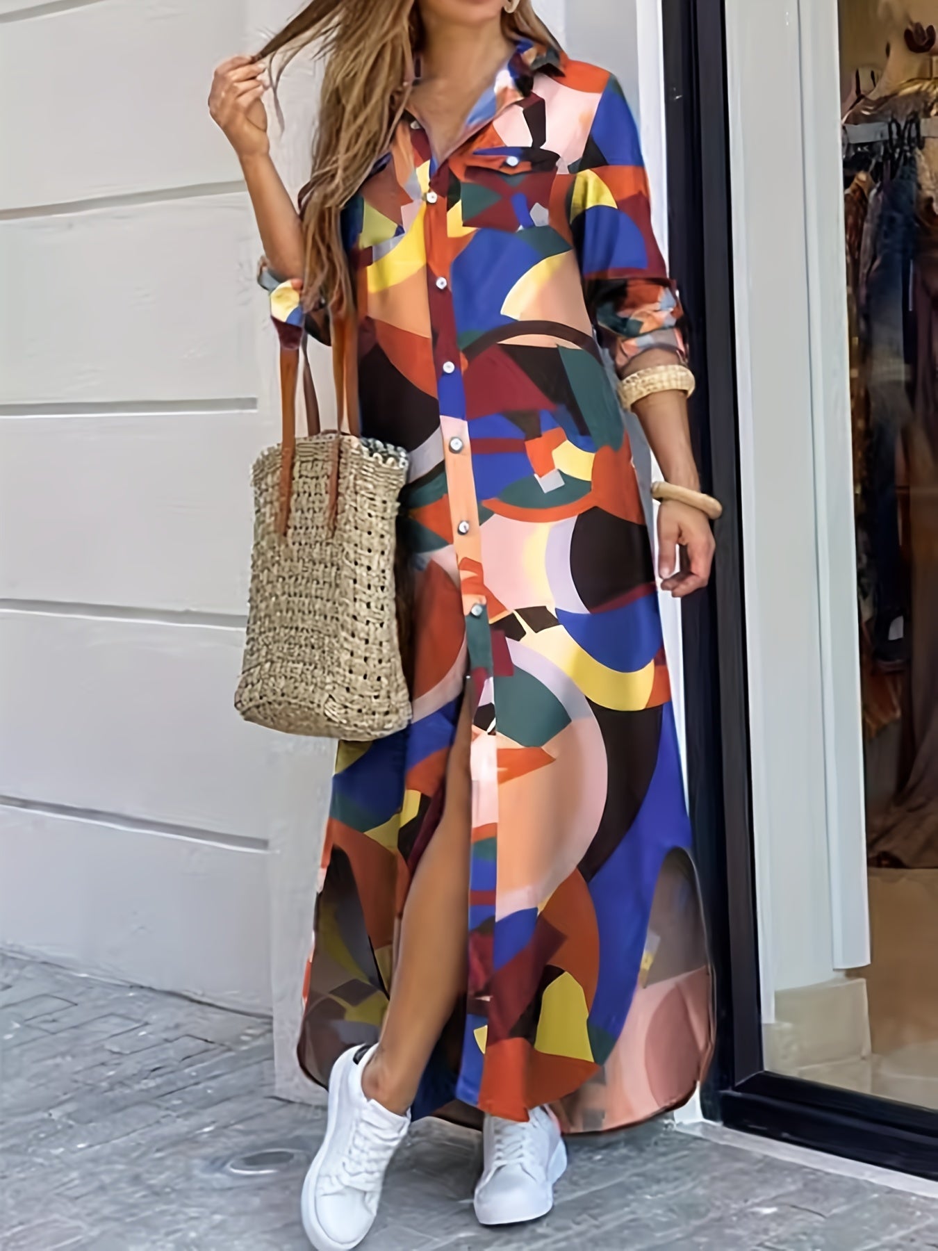 Chain Print Long Sleeve Maxi Shirt Dress