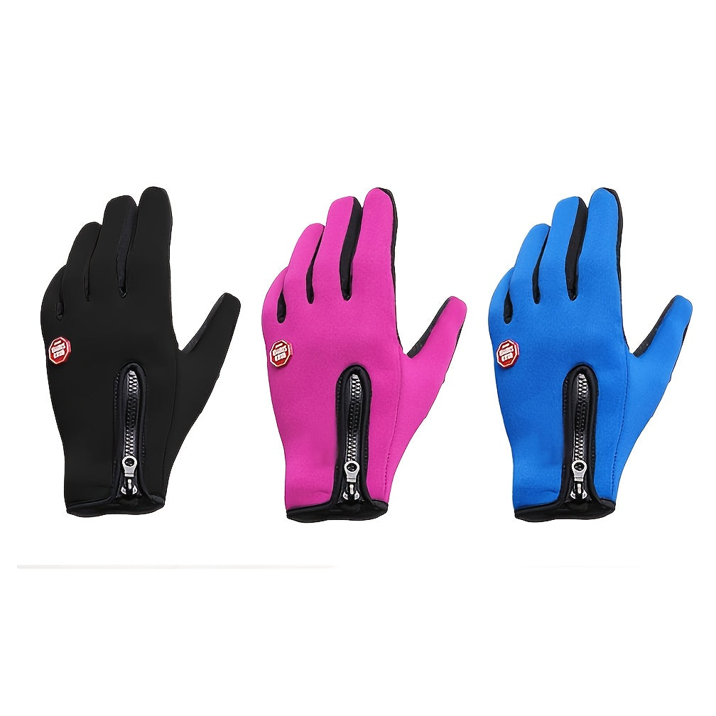 Warm Fleece Cycling Gloves with Touch Screen, Zipper - Outdoor Activities