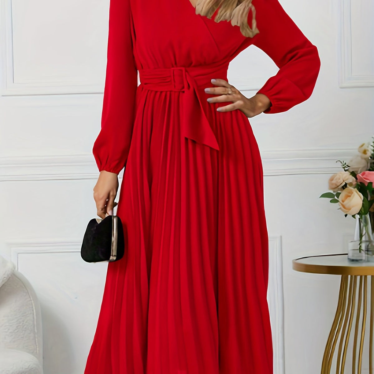 Lantern Sleeve Evening Formal Dress With Belt