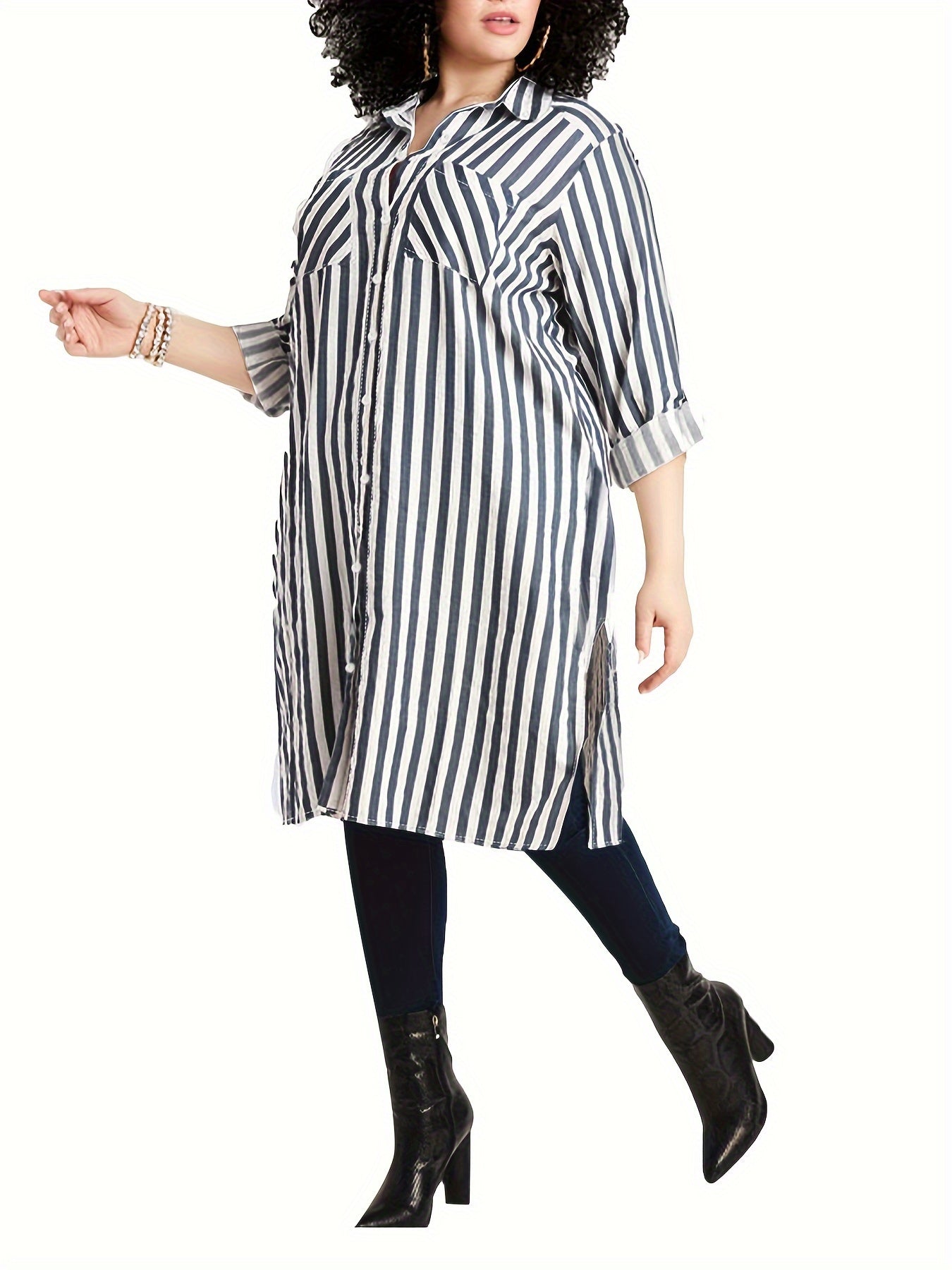  Striped Long Sleeve Button Up Lapel Collar Shirt
