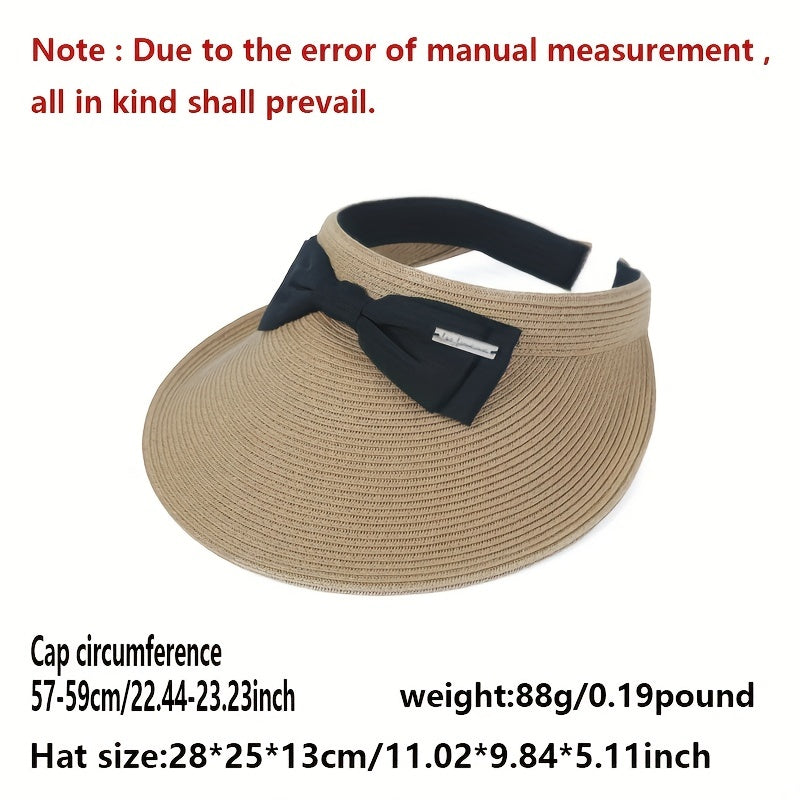 Straw Visor Hat with Bow Decor Wide Brim UV Protection