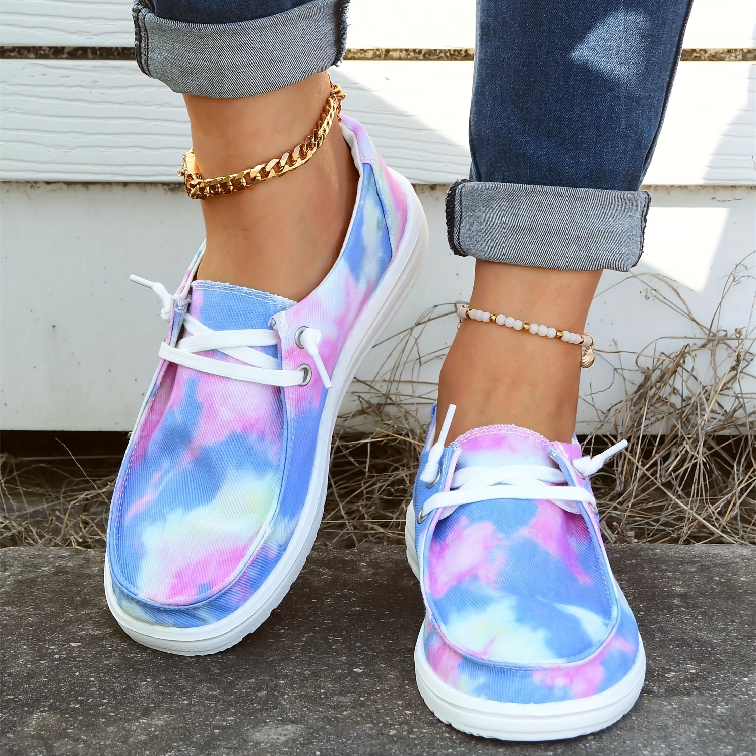 Women's Tie Dye Boat Shoes Lightweight Canvas Comfy Flat Walking Shoes