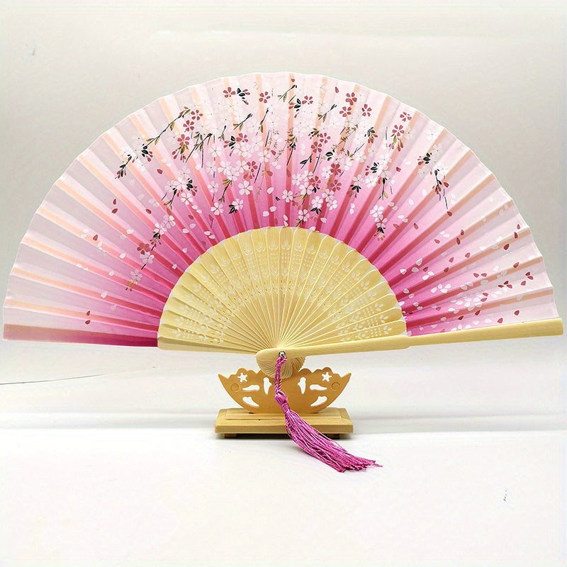 Chinese Silk Folding Fan Wooden Handle Classical Dance Fan