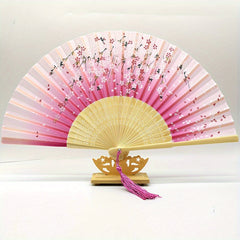 Chinese Silk Folding Fan Wooden Handle Classical Dance Fan