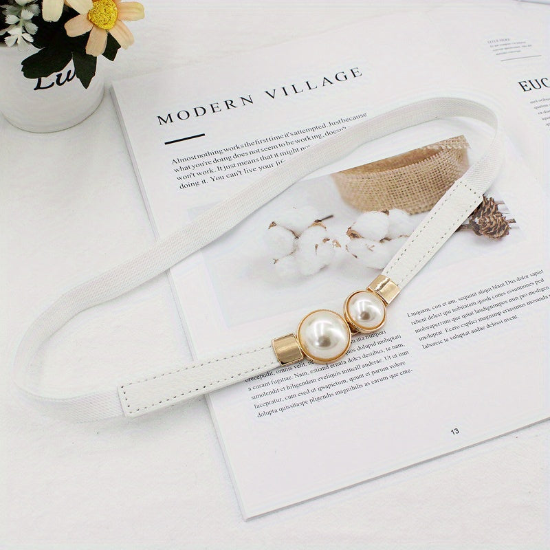 Faux Pearl Buckle Belt Women PU Leather Waist Elastic Thin Belts