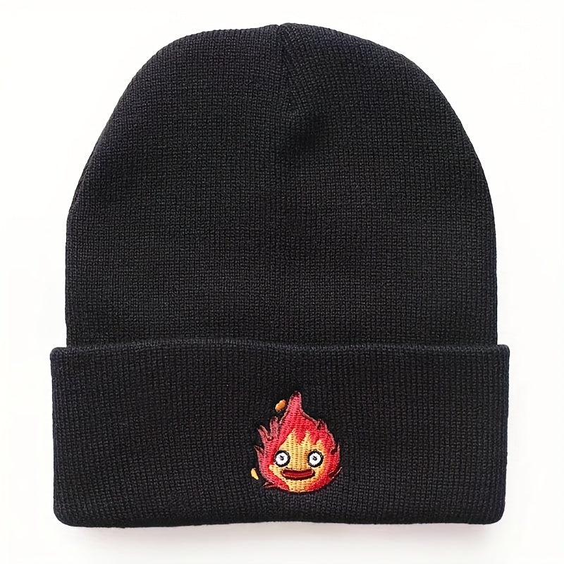 Anime Flame Embroidery Beanie Cartoon Unisex Knit Hat Elastic Casual Skull Cap