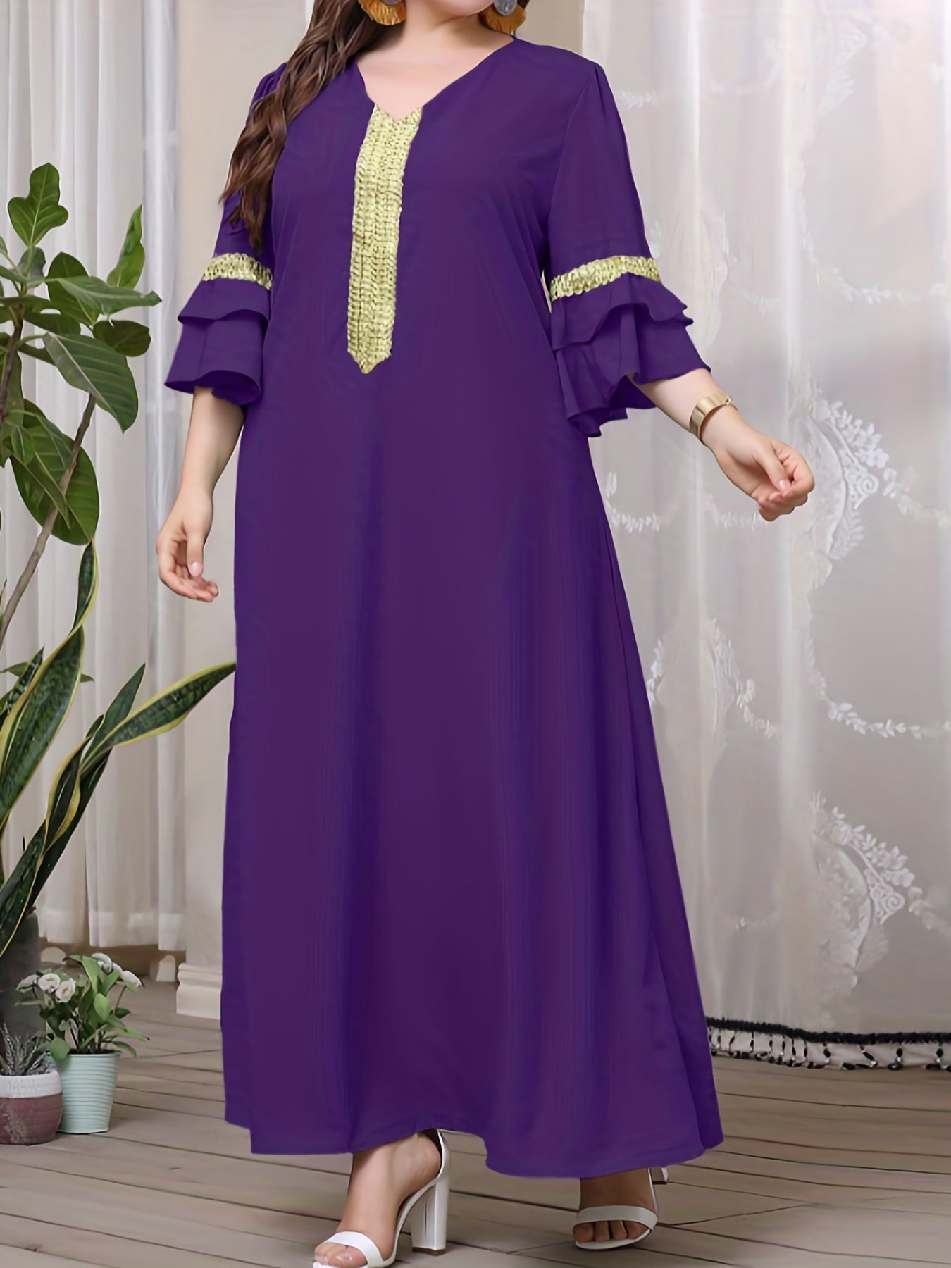  Abaya Dress Women's Plus Contrast Lace Panel Layered Sleeve V Neck Jal