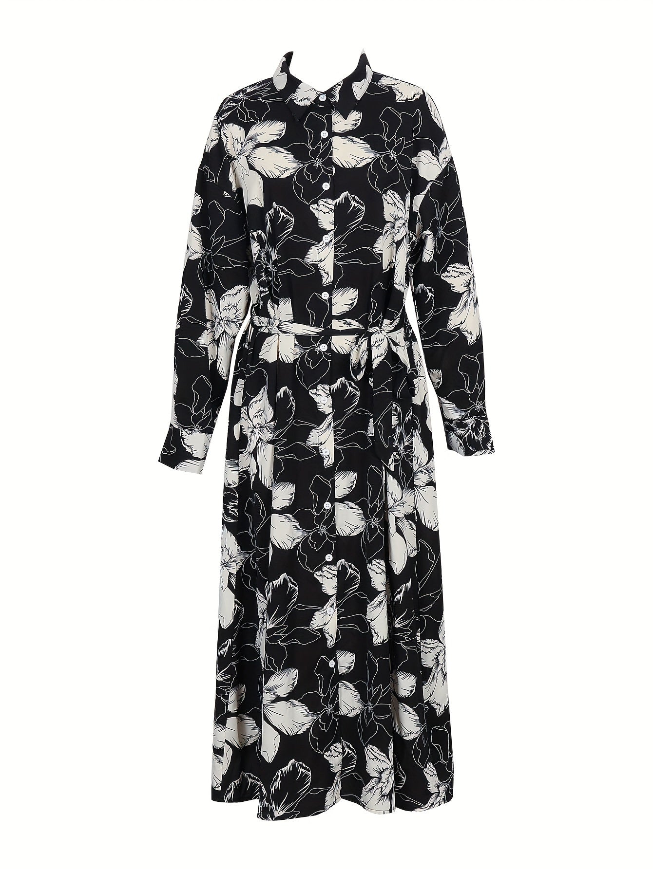  Floral Print Long Sleeve Shirt Dress With Belt